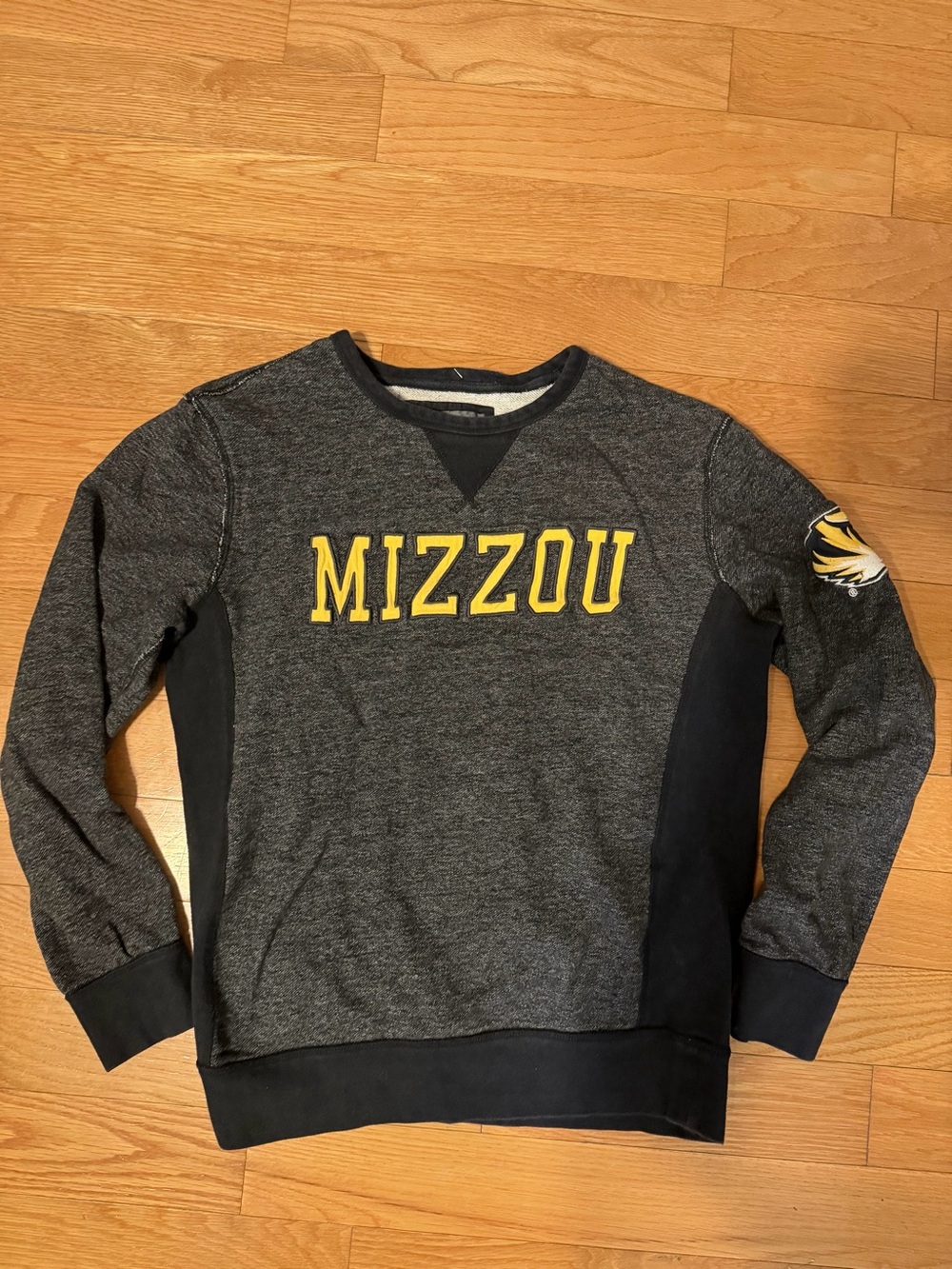 Colosseum Mizzou Heather Charcoal Crewneck with Yellow Lettering